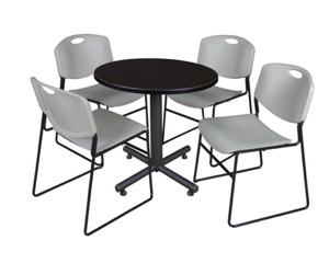 Kobe 30" Round Breakroom Table - Mocha Walnut  & 4 Zeng Stack Chairs - Grey