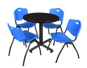 Kobe 30" Round Breakroom Table - Mocha Walnut  & 4 'M' Stack Chairs - Blue