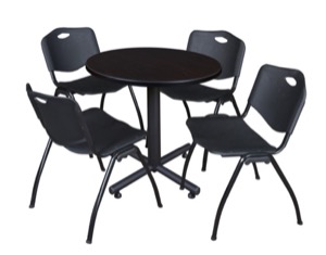 Kobe 30" Round Breakroom Table - Mocha Walnut  & 4 'M' Stack Chairs - Black