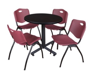 Kobe 30" Round Breakroom Table - Mocha Walnut  & 4 'M' Stack Chairs - Burgundy