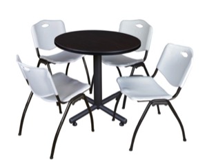 Kobe 30" Round Breakroom Table - Mocha Walnut  & 4 'M' Stack Chairs - Grey