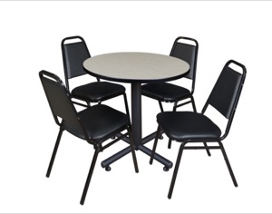Kobe 30" Round Breakroom Table - Maple & 4 Restaurant Stack Chairs - Black