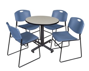 Kobe 30" Round Breakroom Table - Maple & 4 Zeng Stack Chairs - Blue