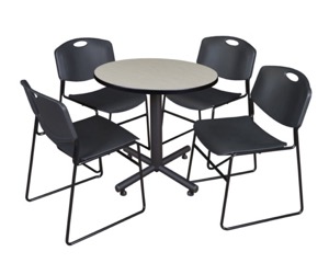 Kobe 30" Round Breakroom Table - Maple & 4 Zeng Stack Chairs - Black