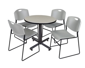 Kobe 30" Round Breakroom Table - Maple & 4 Zeng Stack Chairs - Grey