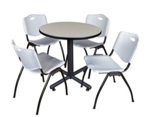 Kobe 30" Round Breakroom Table - Maple & 4 'M' Stack Chairs - Grey