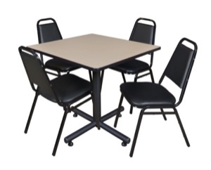 Kobe 36" Square Breakroom Table - Beige & 4 Restaurant Stack Chairs - Black