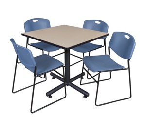 Kobe 36" Square Breakroom Table - Beige & 4 Zeng Stack Chairs - Blue