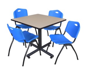 Kobe 36" Square Breakroom Table - Beige & 4 'M' Stack Chairs - Blue