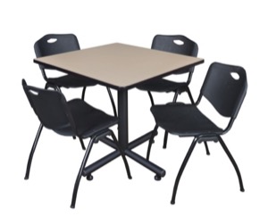 Kobe 36" Square Breakroom Table - Beige & 4 'M' Stack Chairs - Black