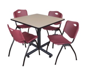 Kobe 36" Square Breakroom Table - Beige & 4 'M' Stack Chairs - Burgundy