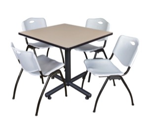 Kobe 36" Square Breakroom Table - Beige & 4 'M' Stack Chairs - Grey