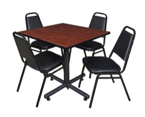 Kobe 36" Square Breakroom Table - Cherry & 4 Restaurant Stack Chairs - Black