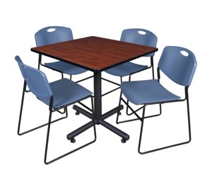 Kobe 36" Square Breakroom Table - Cherry & 4 Zeng Stack Chairs - Blue