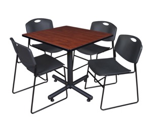 Kobe 36" Square Breakroom Table - Cherry & 4 Zeng Stack Chairs - Black
