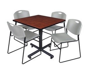Kobe 36" Square Breakroom Table - Cherry & 4 Zeng Stack Chairs - Grey