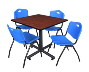 Kobe 36" Square Breakroom Table - Cherry & 4 'M' Stack Chairs - Blue