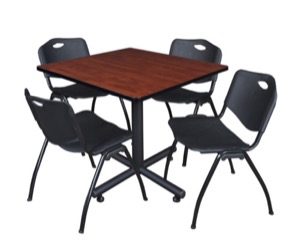 Kobe 36" Square Breakroom Table - Cherry & 4 'M' Stack Chairs - Black