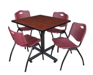 Kobe 36" Square Breakroom Table - Cherry & 4 'M' Stack Chairs - Burgundy