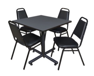 Kobe 36" Square Breakroom Table - Grey & 4 Restaurant Stack Chairs - Black
