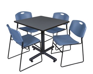 Kobe 36" Square Breakroom Table - Grey & 4 Zeng Stack Chairs - Blue