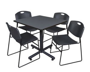Kobe 36" Square Breakroom Table - Grey & 4 Zeng Stack Chairs - Black