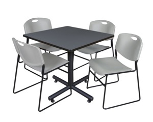 Kobe 36" Square Breakroom Table - Grey & 4 Zeng Stack Chairs - Grey