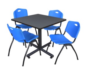 Kobe 36" Square Breakroom Table - Grey & 4 'M' Stack Chairs - Blue