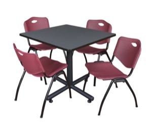 Kobe 36" Square Breakroom Table - Grey & 4 'M' Stack Chairs - Burgundy