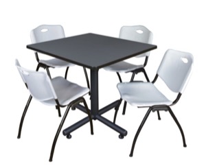 Kobe 36" Square Breakroom Table - Grey & 4 'M' Stack Chairs - Grey