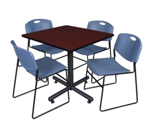 Kobe 36" Square Breakroom Table - Mahogany & 4 Zeng Stack Chairs - Blue