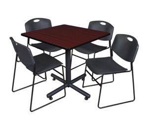 Kobe 36" Square Breakroom Table - Mahogany & 4 Zeng Stack Chairs - Black