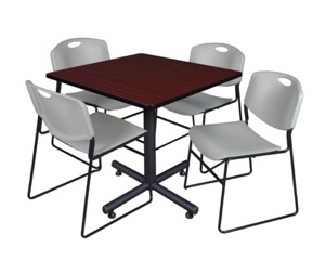 Kobe 36" Square Breakroom Table - Mahogany & 4 Zeng Stack Chairs - Grey