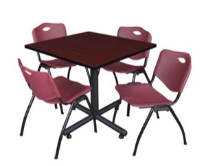 Kobe 36" Square Breakroom Table - Mahogany & 4 'M' Stack Chairs - Burgundy