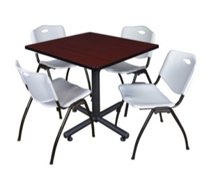 Kobe 36" Square Breakroom Table - Mahogany & 4 'M' Stack Chairs - Grey