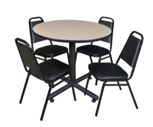 Kobe 36" Round Breakroom Table - Beige & 4 Restaurant Stack Chairs - Black