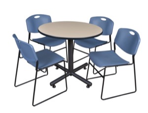 Kobe 36" Round Breakroom Table - Beige & 4 Zeng Stack Chairs - Blue