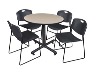 Kobe 36" Round Breakroom Table - Beige & 4 Zeng Stack Chairs - Black