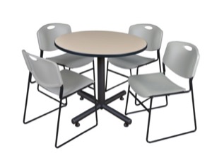 Kobe 36" Round Breakroom Table - Beige & 4 Zeng Stack Chairs - Grey