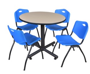 Kobe 36" Round Breakroom Table - Beige & 4 'M' Stack Chairs - Blue