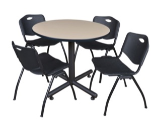 Kobe 36" Round Breakroom Table - Beige & 4 'M' Stack Chairs - Black