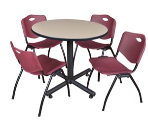 Kobe 36" Round Breakroom Table - Beige & 4 'M' Stack Chairs - Burgundy