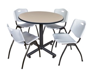 Kobe 36" Round Breakroom Table - Beige & 4 'M' Stack Chairs - Grey