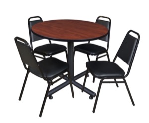 Kobe 36" Round Breakroom Table - Cherry & 4 Restaurant Stack Chairs - Black