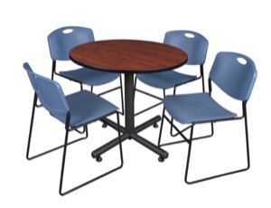 Kobe 36" Round Breakroom Table - Cherry & 4 Zeng Stack Chairs - Blue
