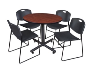 Kobe 36" Round Breakroom Table - Cherry & 4 Zeng Stack Chairs - Black