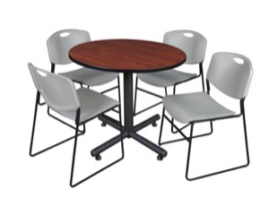 Kobe 36" Round Breakroom Table - Cherry & 4 Zeng Stack Chairs - Grey