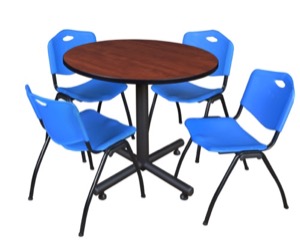 Kobe 36" Round Breakroom Table - Cherry & 4 'M' Stack Chairs - Blue