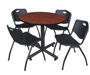 Kobe 36" Round Breakroom Table - Cherry & 4 'M' Stack Chairs - Black