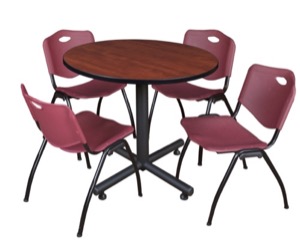 Kobe 36" Round Breakroom Table - Cherry & 4 'M' Stack Chairs - Burgundy